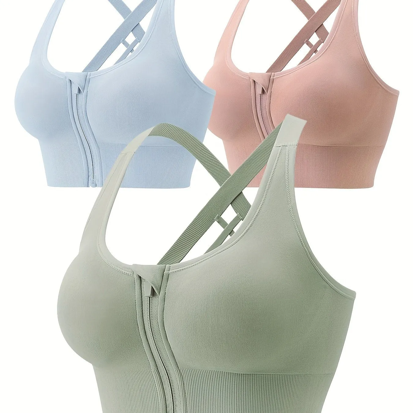 3pcs Zipper Sports Bras, Breathable High Impact Criss Cross Back Bra, Women's Lingerie & Underwear