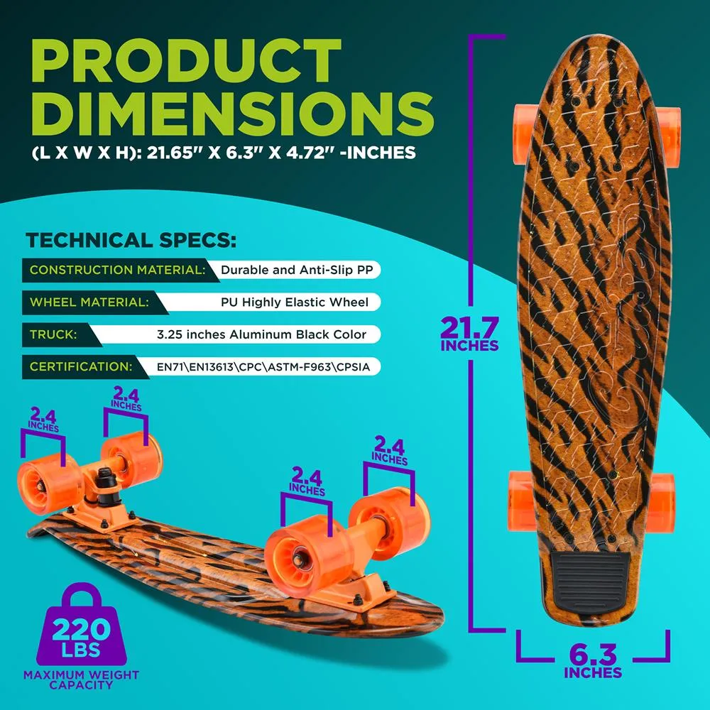 6'' Pp Deck Skateboard - Mini Cruiser Skateboard, Designed For Kids, Teens, And Adults (Tiger)
