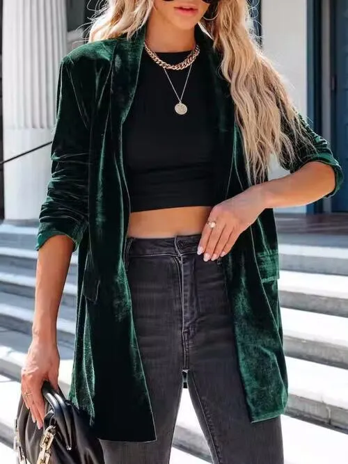 Chilly Chic Buttoned Long Velvet Blazer