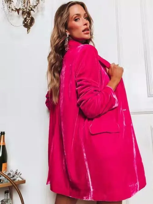 Chilly Chic Buttoned Long Velvet Blazer