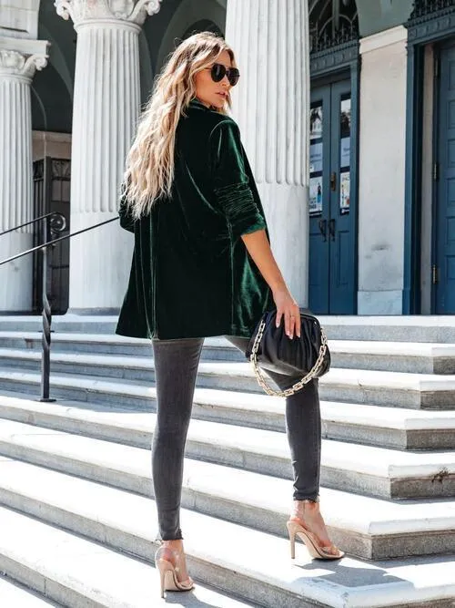 Chilly Chic Buttoned Long Velvet Blazer