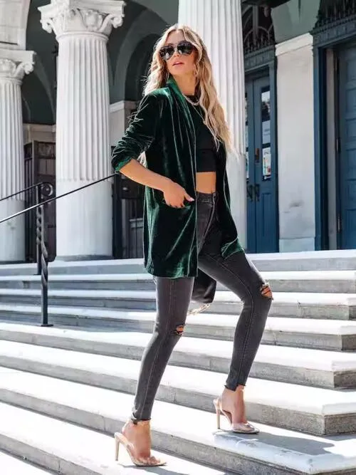 Chilly Chic Buttoned Long Velvet Blazer