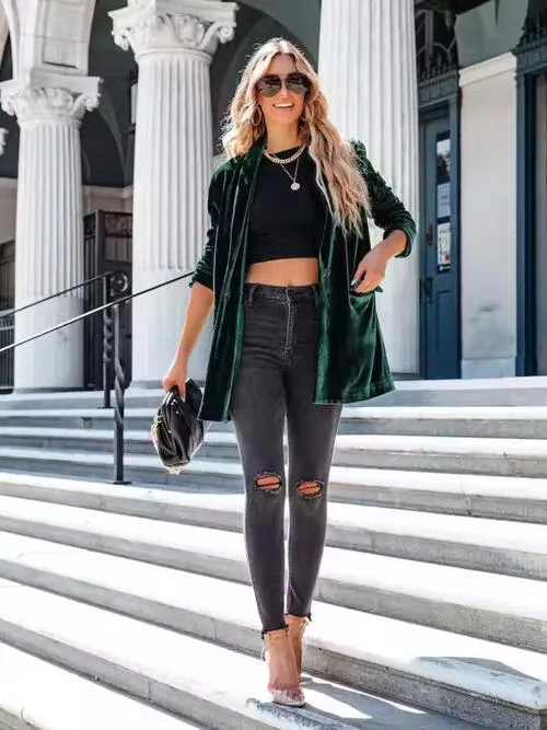 Chilly Chic Buttoned Long Velvet Blazer