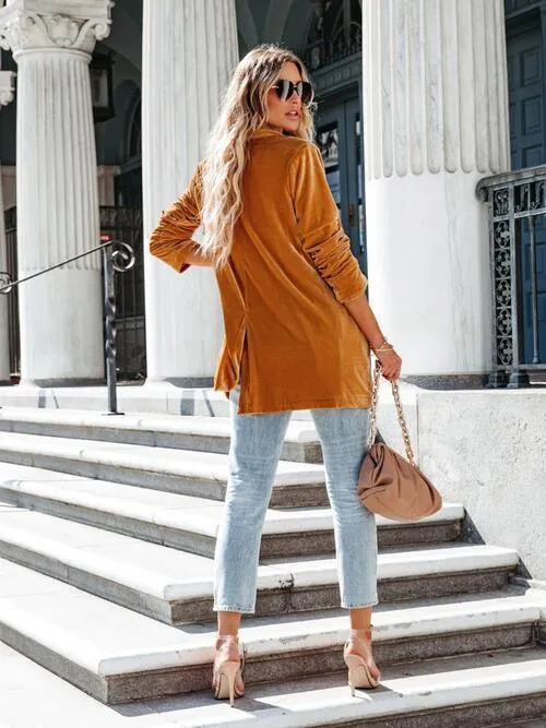 Chilly Chic Buttoned Long Velvet Blazer