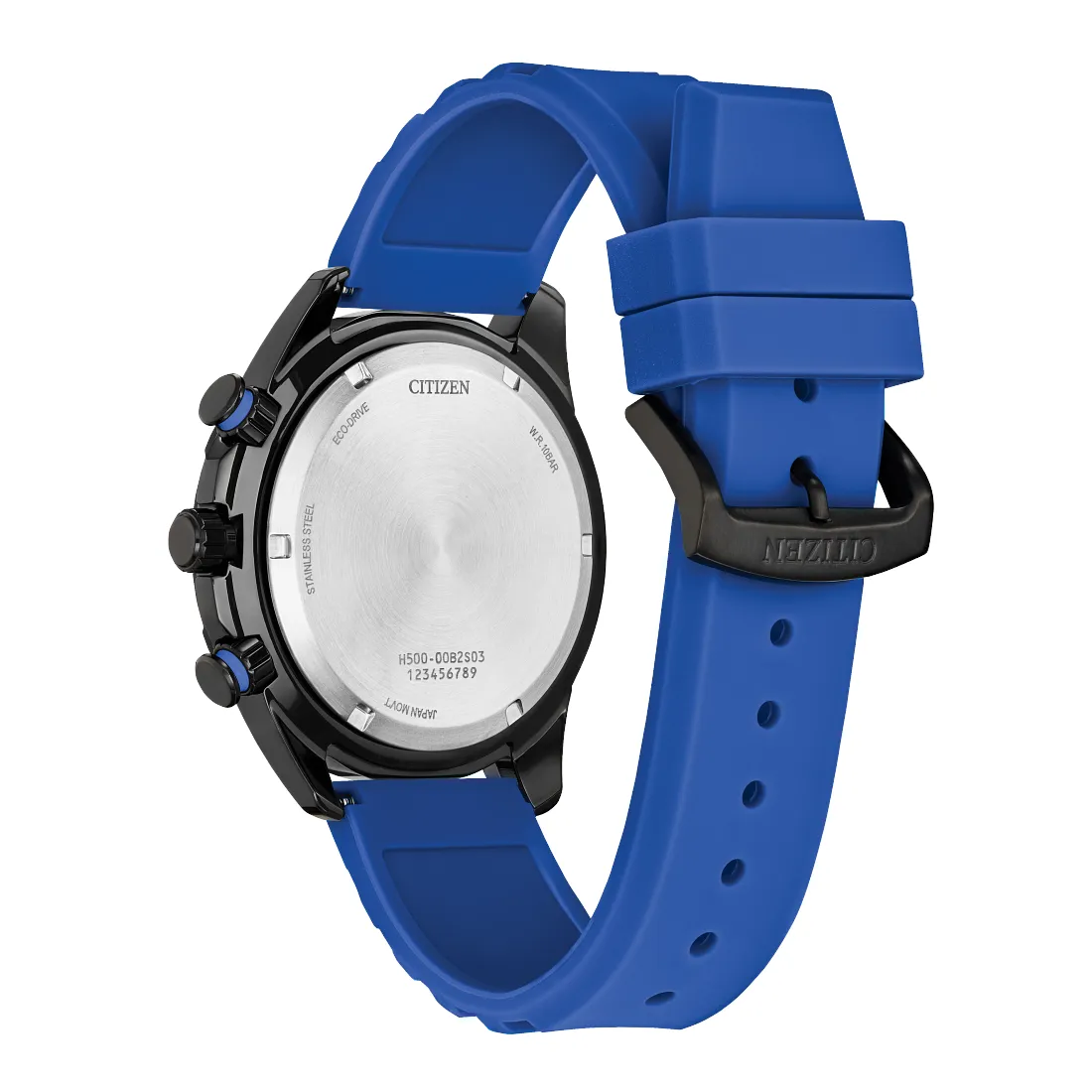 Citizen Brycen Mens Eco Drive Chronograph Black Tone Blue Silicone Strap Watch