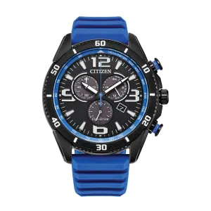Citizen Brycen Mens Eco Drive Chronograph Black Tone Blue Silicone Strap Watch