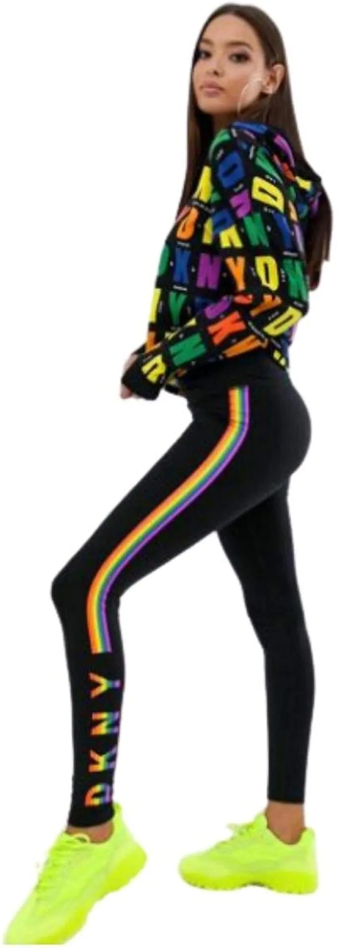 DKNY Sport Logo Striped High-Waist Leggings,XS, Black
