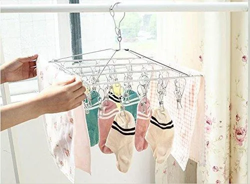 DuoFire Stainless Steel Clothes Drying Racks Laundry Drip Hanger Laundry Clothesline Hanging Rack Set of 26 Metal Clothespins Rectangle For Drying Clothes, Towels, Underwear, Lingerie, Socks