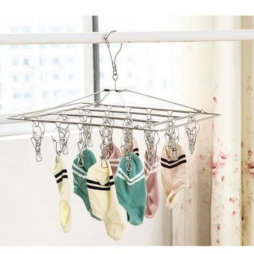 DuoFire Stainless Steel Clothes Drying Racks Laundry Drip Hanger Laundry Clothesline Hanging Rack Set of 26 Metal Clothespins Rectangle For Drying Clothes, Towels, Underwear, Lingerie, Socks