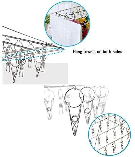 DuoFire Stainless Steel Clothes Drying Racks Laundry Drip Hanger Laundry Clothesline Hanging Rack Set of 26 Metal Clothespins Rectangle For Drying Clothes, Towels, Underwear, Lingerie, Socks