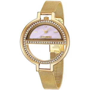 Golden Round "e-Shape" Stainless Steel with White MOP and Mesh Band Watch  For Women - Heloisa 76120313