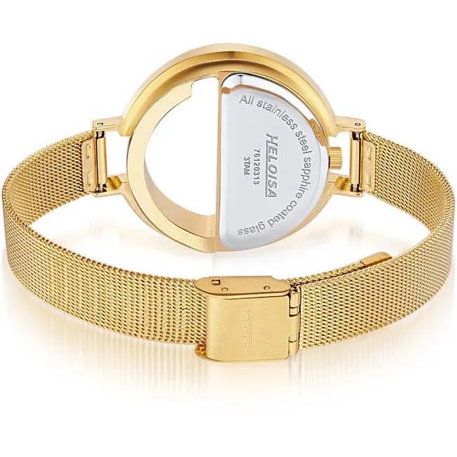 Golden Round "e-Shape" Stainless Steel with White MOP and Mesh Band Watch  For Women - Heloisa 76120313