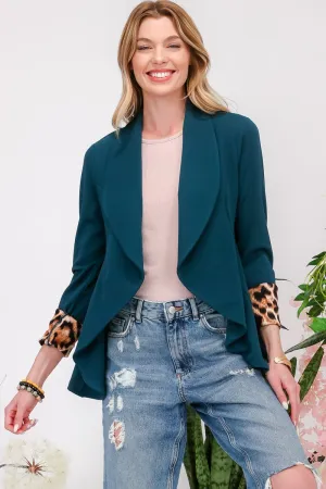 Hazel Blues® |  Celeste Rolled Leopard Cuff Open Front Blazer