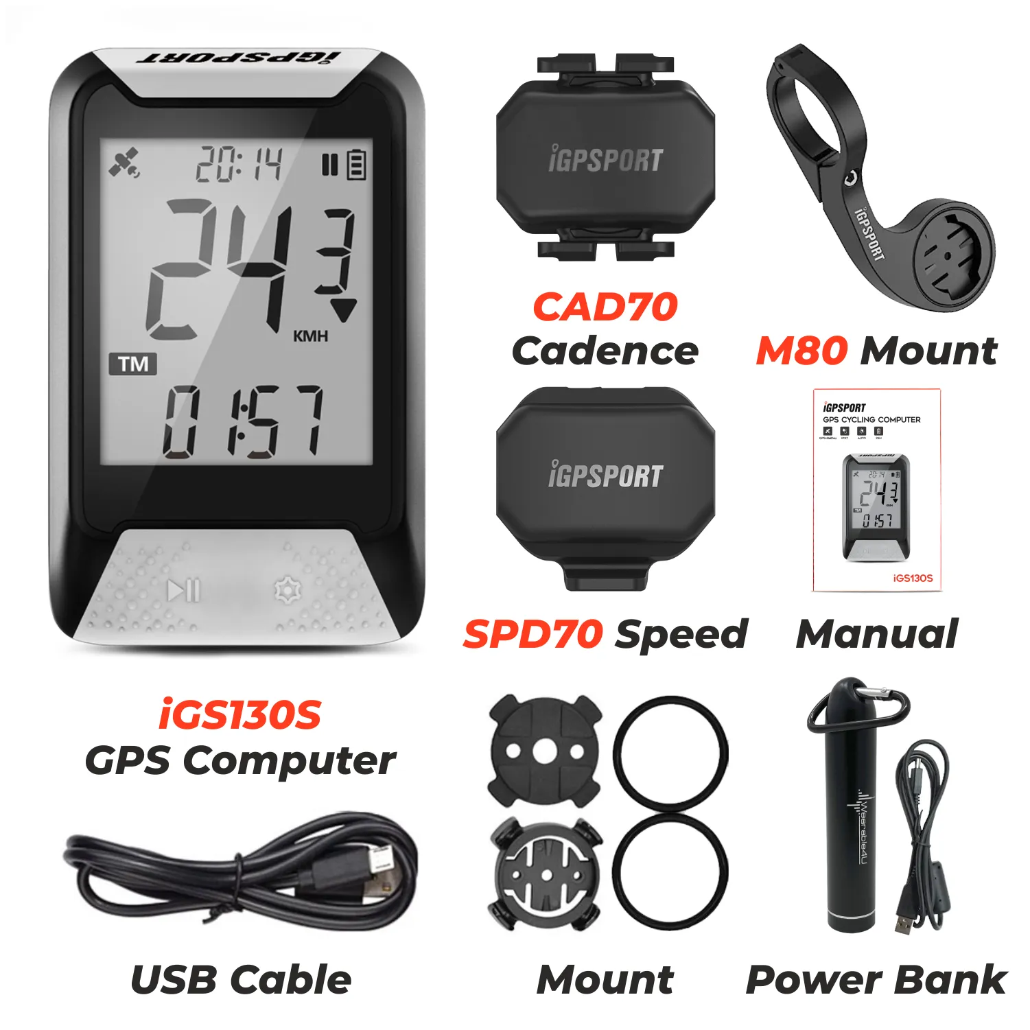 iGPSPORT IGS130S GPS Cycling Computer with M80 Bike Front Mount, SPD70 Speed Sensor and CAD70 Cadence Sensor and Power Bank Bundle