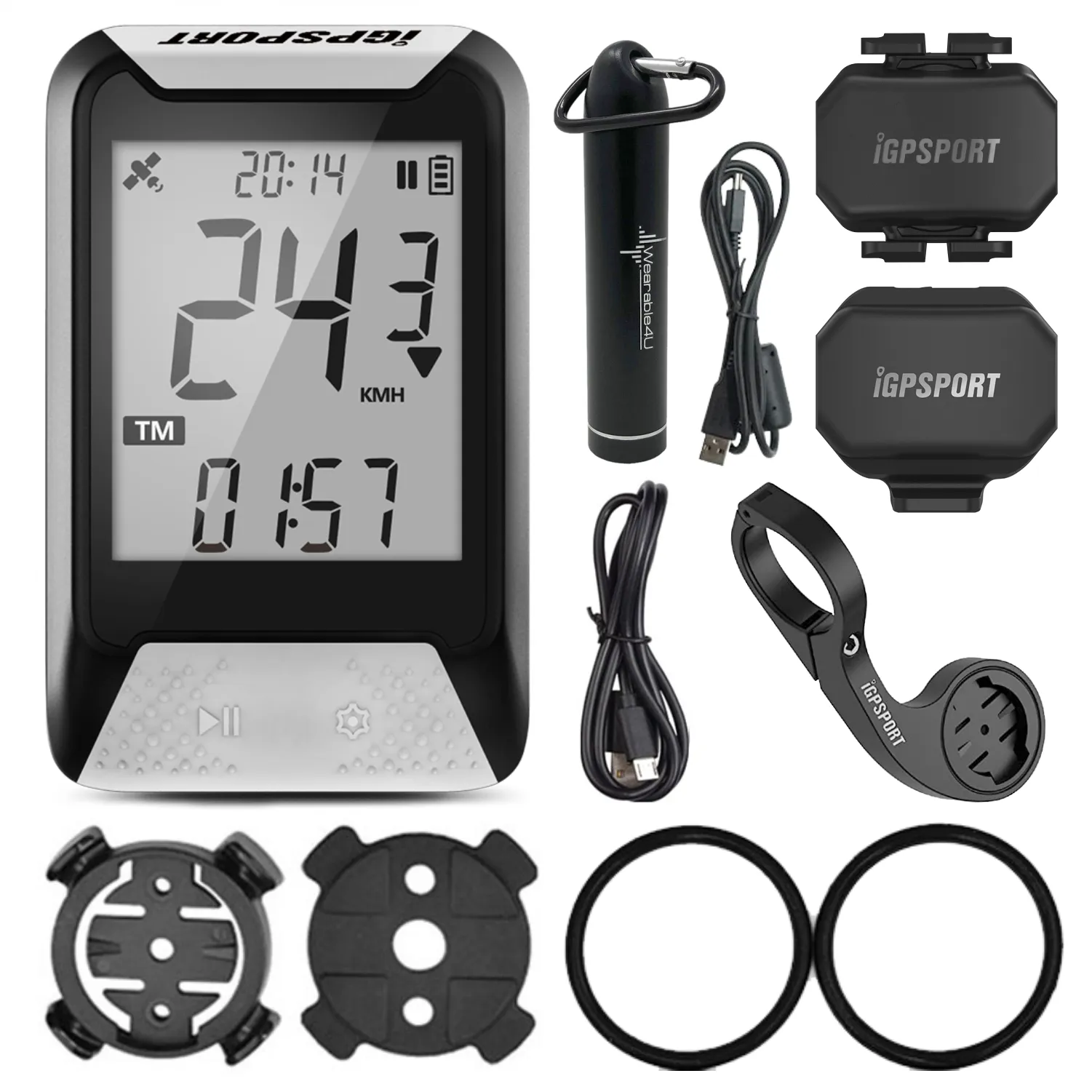 iGPSPORT IGS130S GPS Cycling Computer with M80 Bike Front Mount, SPD70 Speed Sensor and CAD70 Cadence Sensor and Power Bank Bundle