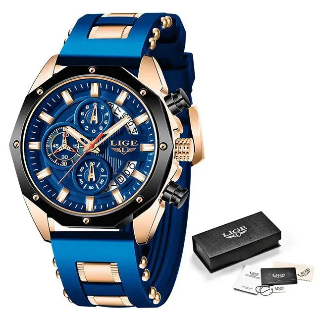 LIGE Fashion Men Watches Top Brand Luxury Silicone Sport Watch Men Quartz Date Clock Waterproof Wristwatch Chronograph Clock Man
