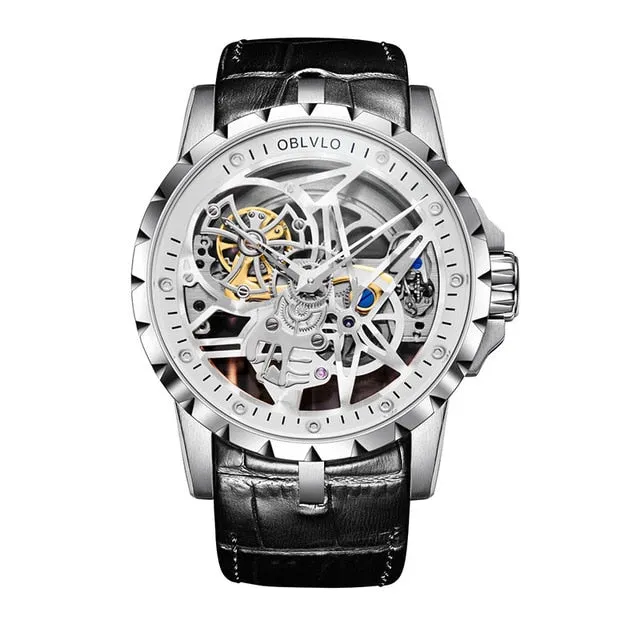 OBLVLO Luxury Open Work Design Mens Watches Skeleton Dial Calfskin Strap Watch Automatic Movement Waterproof Montre Homme RM-1