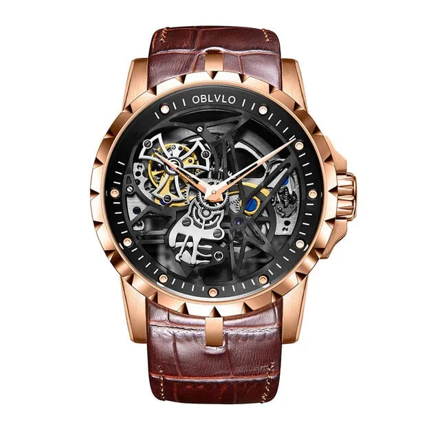 OBLVLO Luxury Open Work Design Mens Watches Skeleton Dial Calfskin Strap Watch Automatic Movement Waterproof Montre Homme RM-1