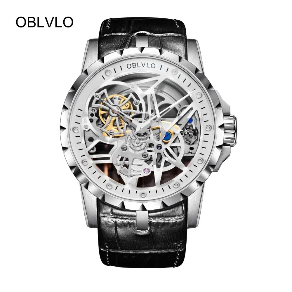OBLVLO Luxury Open Work Design Mens Watches Skeleton Dial Calfskin Strap Watch Automatic Movement Waterproof Montre Homme RM-1
