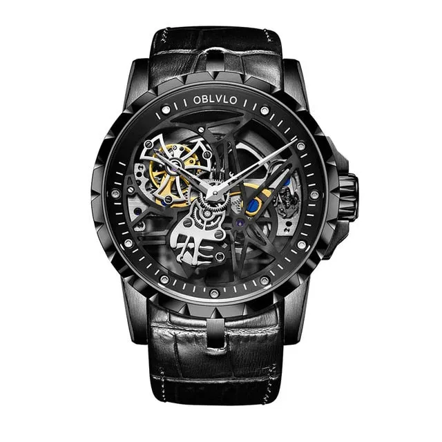 OBLVLO Luxury Open Work Design Mens Watches Skeleton Dial Calfskin Strap Watch Automatic Movement Waterproof Montre Homme RM-1