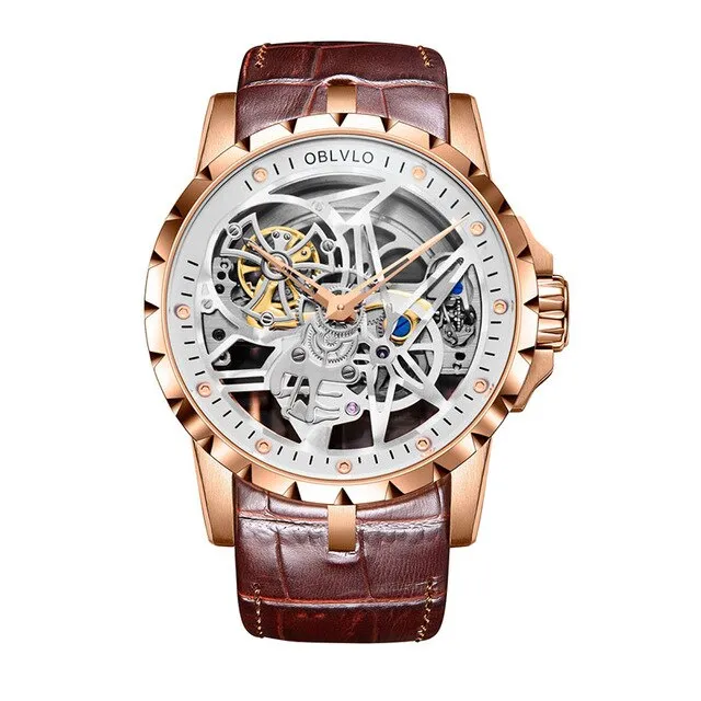 OBLVLO Luxury Open Work Design Mens Watches Skeleton Dial Calfskin Strap Watch Automatic Movement Waterproof Montre Homme RM-1