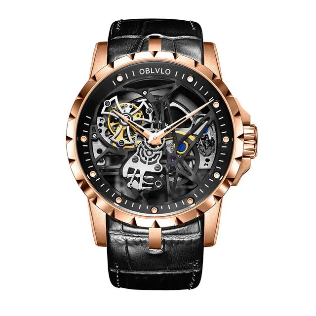 OBLVLO Luxury Open Work Design Mens Watches Skeleton Dial Calfskin Strap Watch Automatic Movement Waterproof Montre Homme RM-1