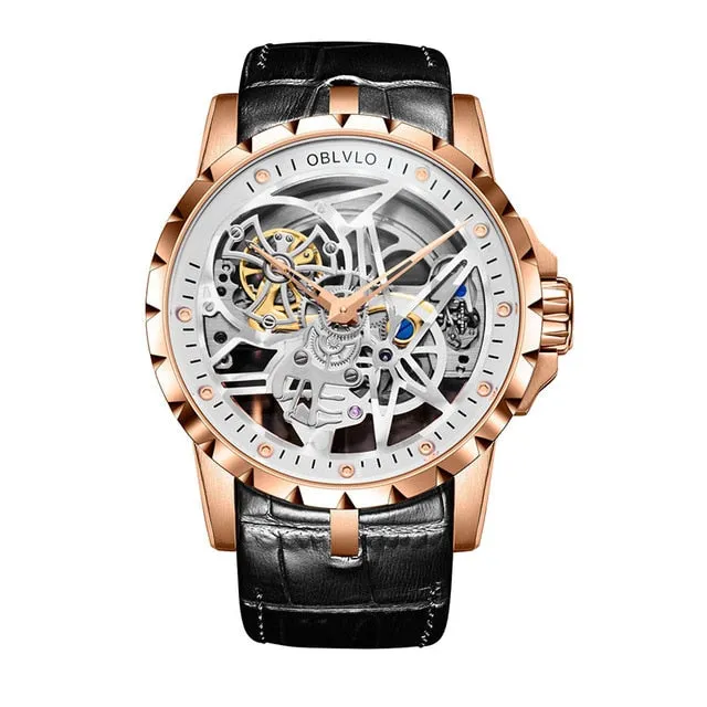 OBLVLO Luxury Open Work Design Mens Watches Skeleton Dial Calfskin Strap Watch Automatic Movement Waterproof Montre Homme RM-1