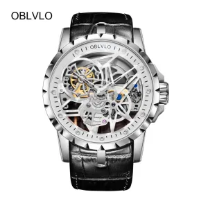 OBLVLO Luxury Open Work Design Mens Watches Skeleton Dial Calfskin Strap Watch Automatic Movement Waterproof Montre Homme RM-1