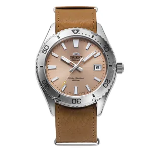 Orient RA-AC0Q05P Mako 40 Automatic Orange Dial Leather Mens Watch