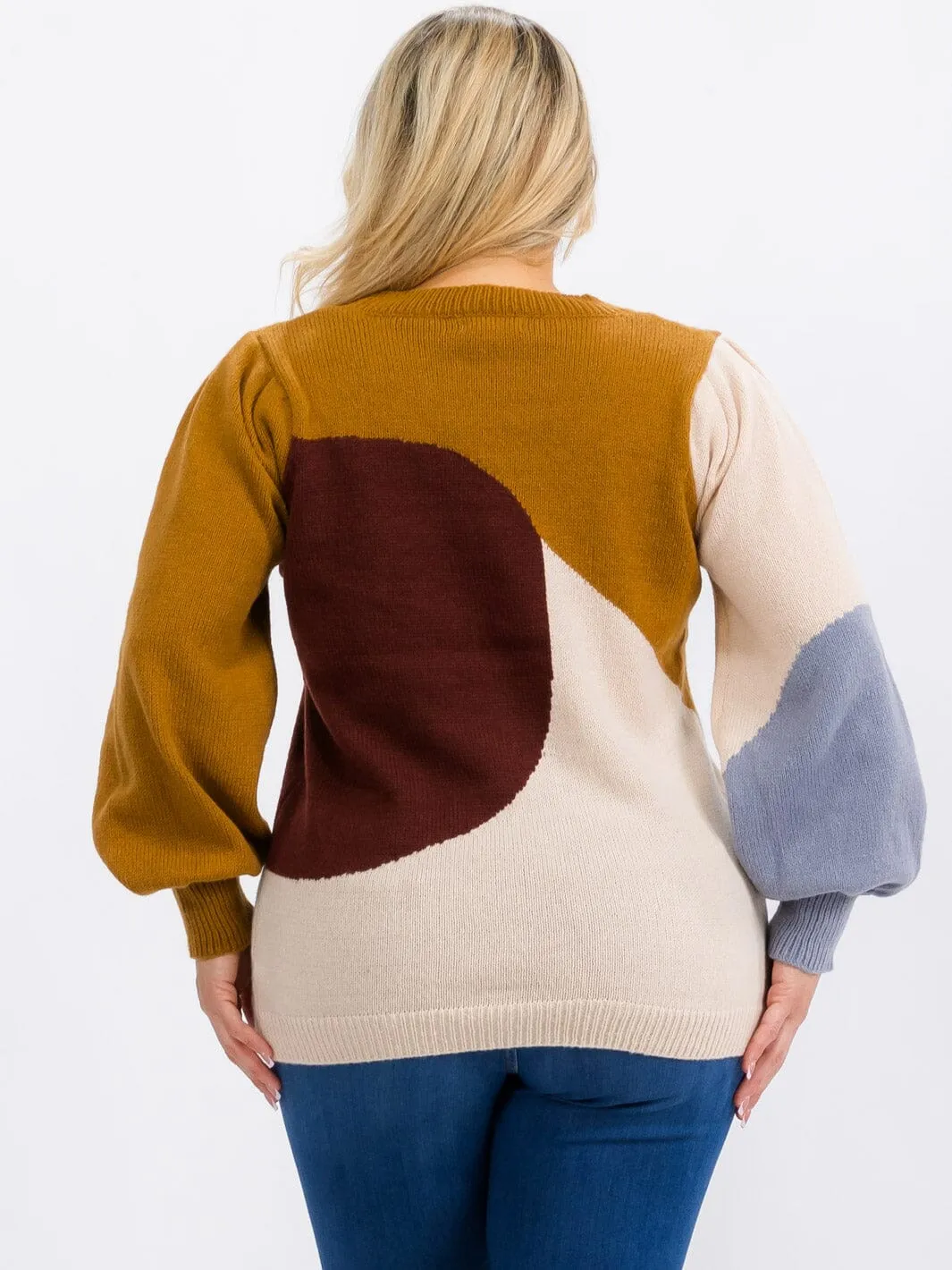 PLUS SIZE LONG SLEEVE COLORBLOCK PULLOVER SWEATER