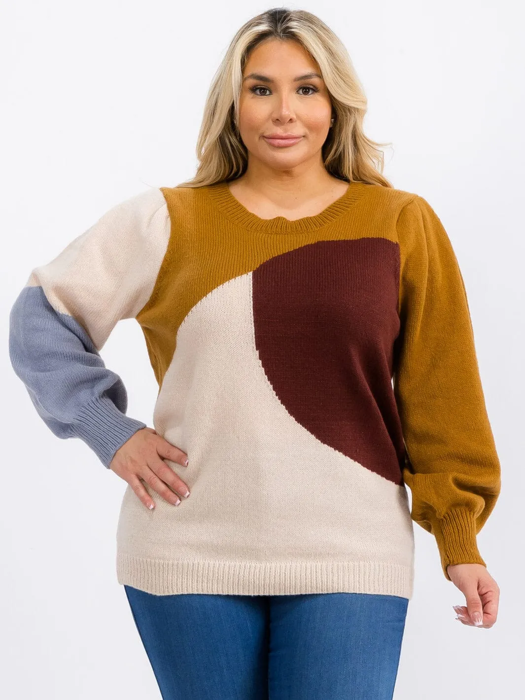 PLUS SIZE LONG SLEEVE COLORBLOCK PULLOVER SWEATER