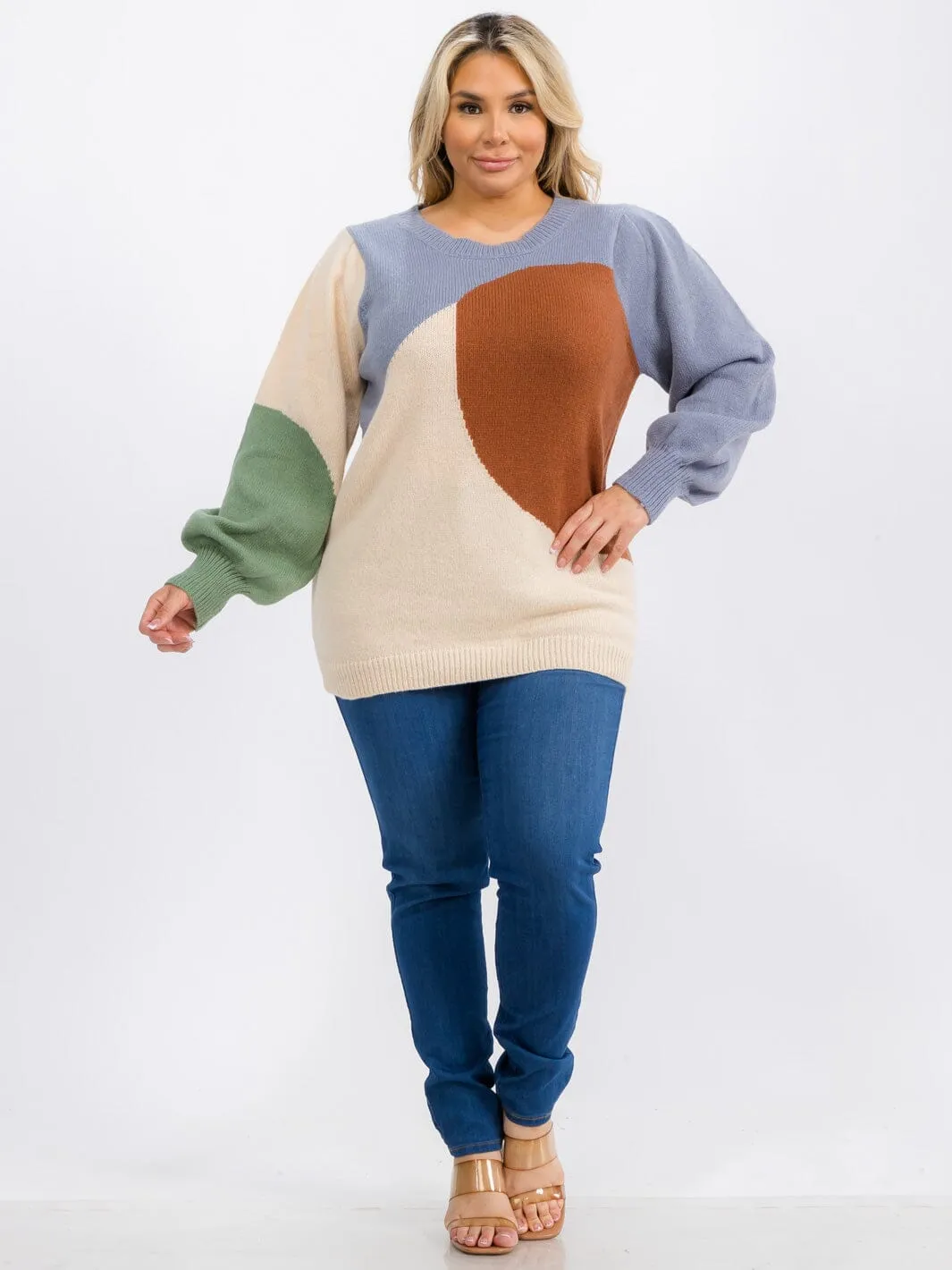 PLUS SIZE LONG SLEEVE COLORBLOCK PULLOVER SWEATER