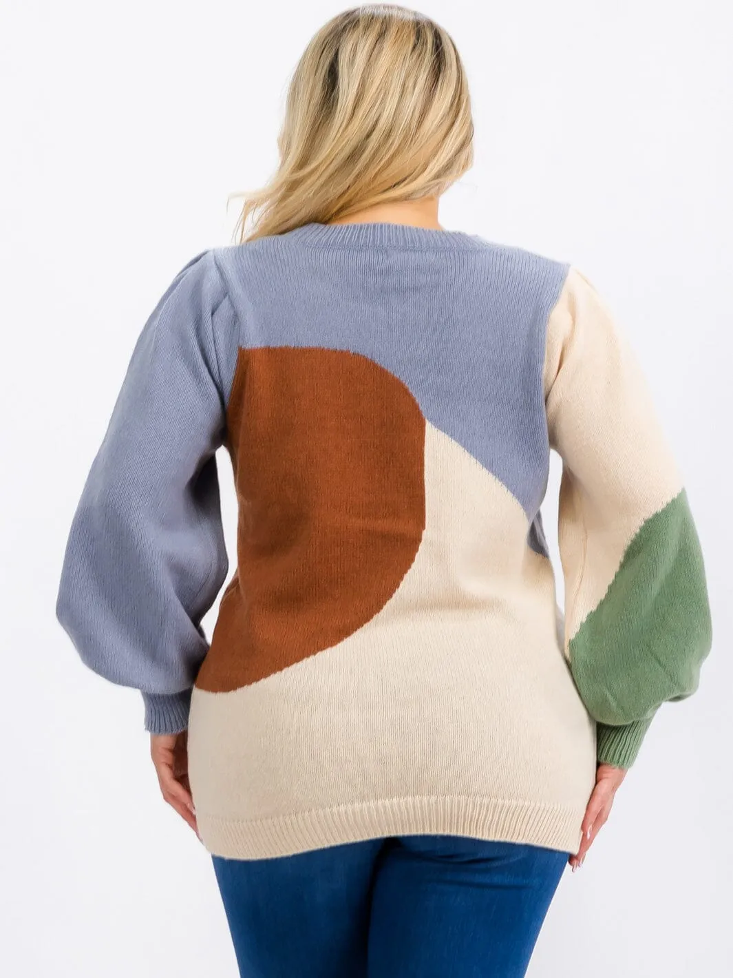 PLUS SIZE LONG SLEEVE COLORBLOCK PULLOVER SWEATER