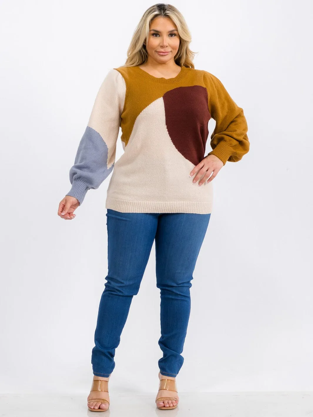 PLUS SIZE LONG SLEEVE COLORBLOCK PULLOVER SWEATER