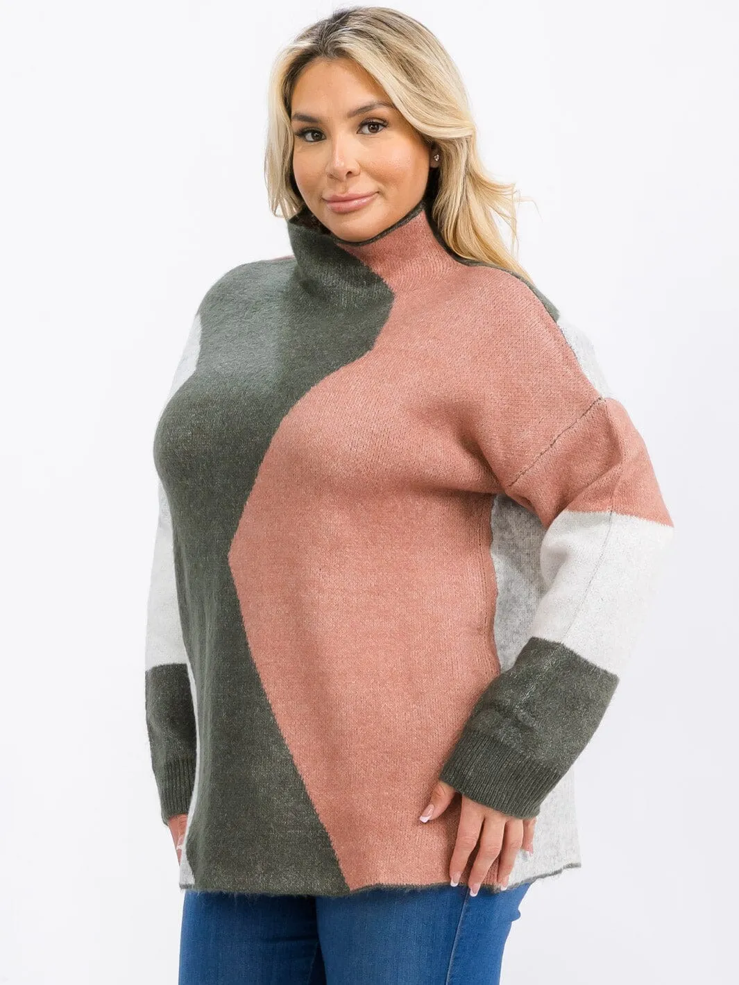 PLUS SIZE LONG SLEEVE MOCK NECK COLORBLOCK PULLOVER SWEATER