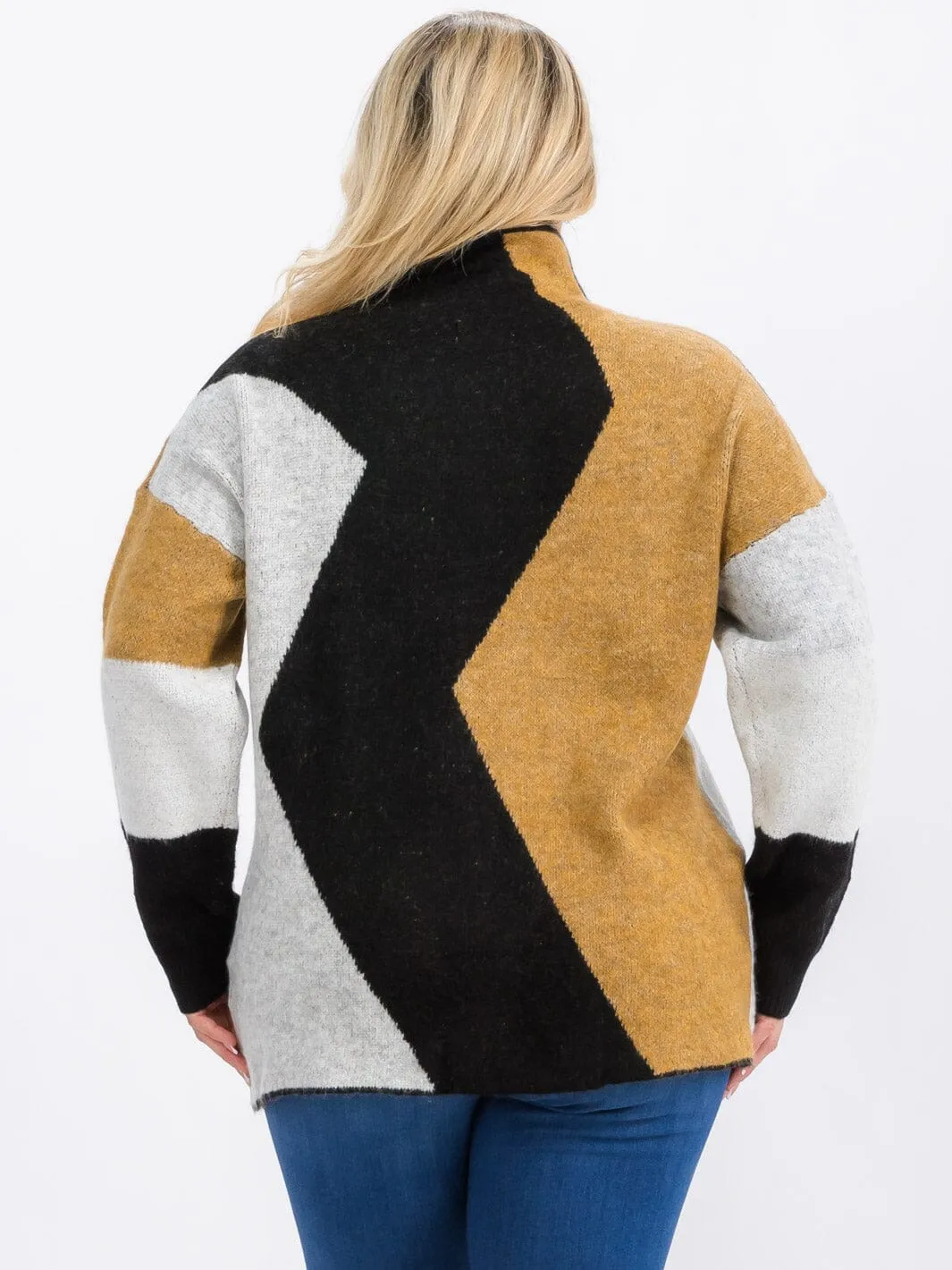 PLUS SIZE LONG SLEEVE MOCK NECK COLORBLOCK PULLOVER SWEATER