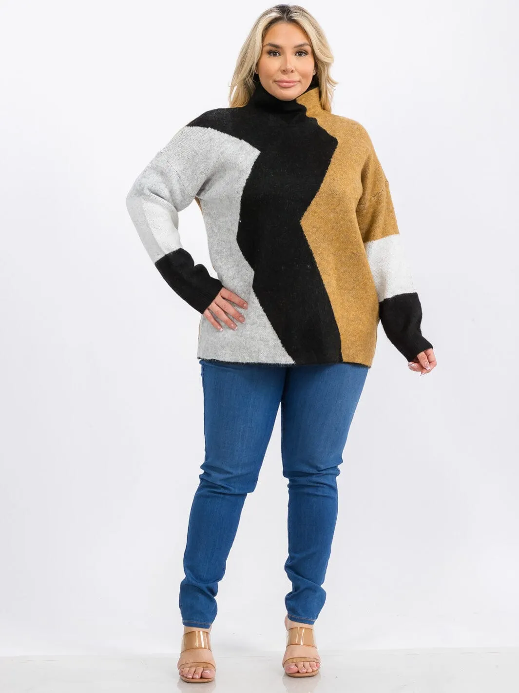 PLUS SIZE LONG SLEEVE MOCK NECK COLORBLOCK PULLOVER SWEATER