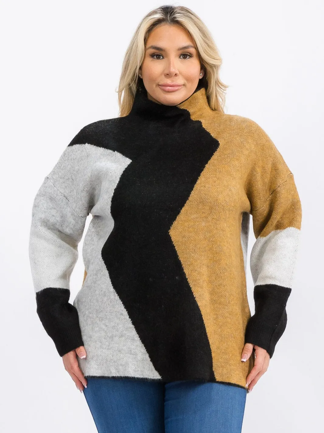 PLUS SIZE LONG SLEEVE MOCK NECK COLORBLOCK PULLOVER SWEATER