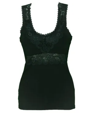 Premium Embroidered Camisole Padded With Lace - Black Color - 8783