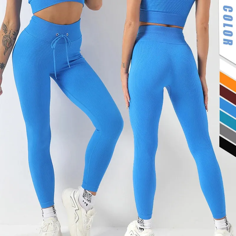 Ribbed Seamless High Waist Yoga Pants for Women - Drawstring Sport Fitness Leggings
