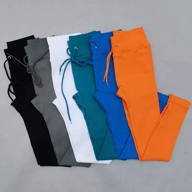 Ribbed Seamless High Waist Yoga Pants for Women - Drawstring Sport Fitness Leggings