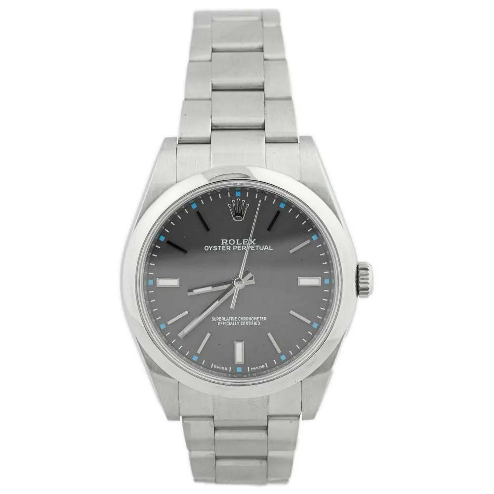 Rolex Men's Oyster Perpetual Stainless Steel 39mm Rhodium Stick Dial Watch Reference #: 114300