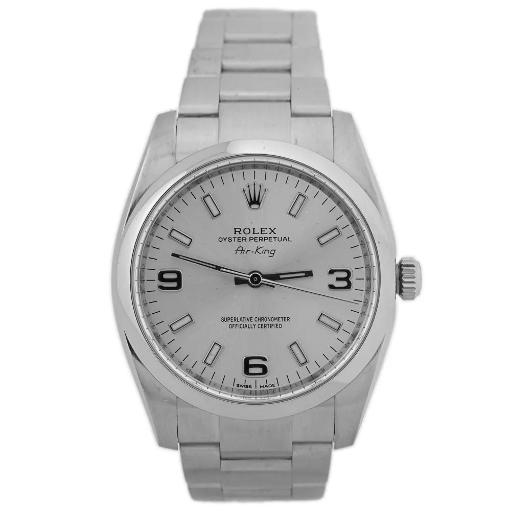 Rolex Unisex Air-King Stainless Steel 34mm Silver Stick & Arabic Numeral Dial Watch Reference #: 114200