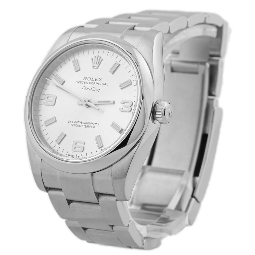 Rolex Unisex Air-King Stainless Steel 34mm Silver Stick & Arabic Numeral Dial Watch Reference #: 114200