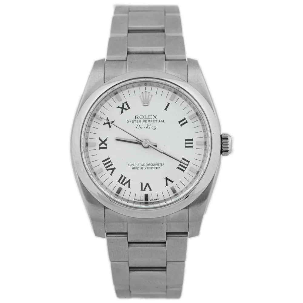 Rolex Unisex Air-King Stainless Steel 34mm White Roman Dial Watch Reference #: 114200