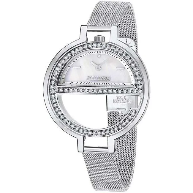 Silver Round "e-Shape" Stainless Steel with White MOP and Mesh Band Watch  For Women - Heloisa 76120312
