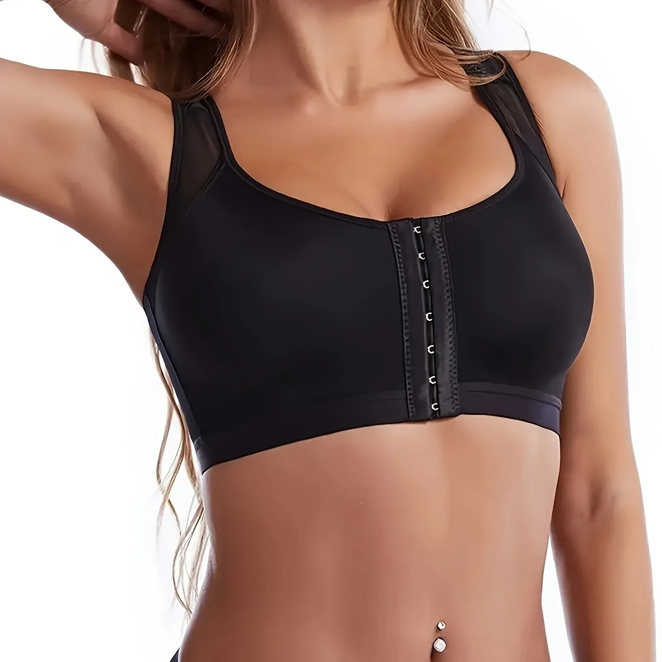 Solid Front Buckle Sports Bra, Comfy & Breathable Wireless Push Up Intimates Bra, Women's Lingerie & Underwear
