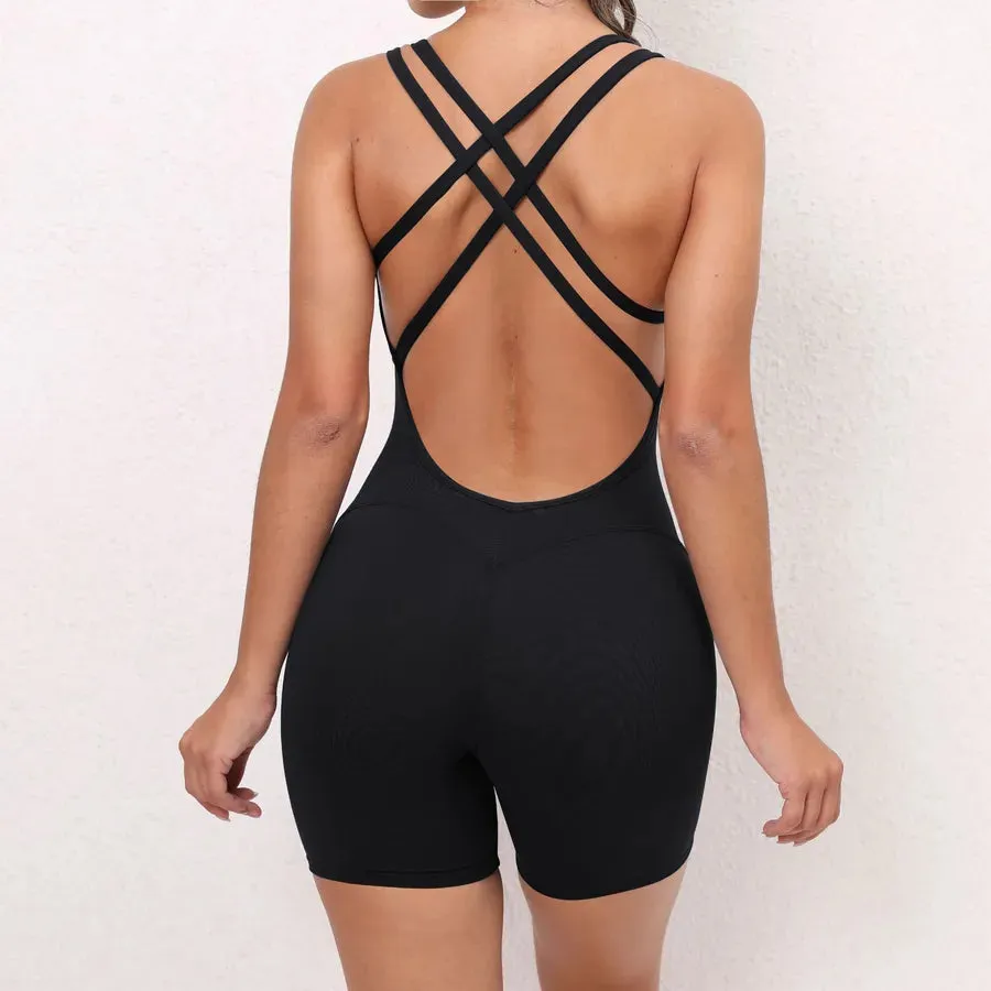 Sports cross Active Sets Nylon Cotton Blend Backless Rompers Activewear