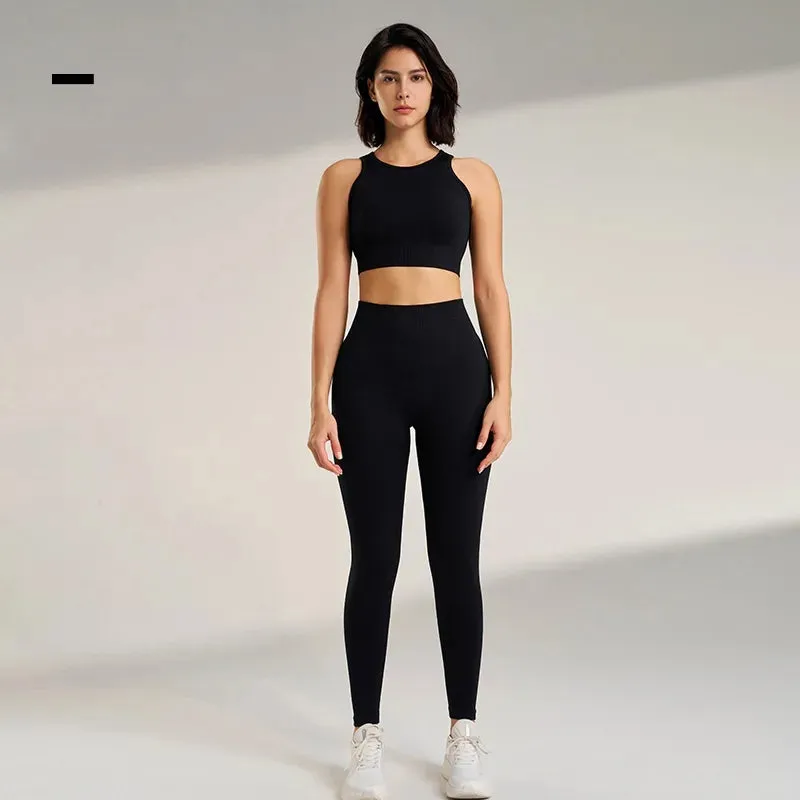 Sports Stripe Nylon Spandex Round Neck Tracksuit Vest Skinny Pants