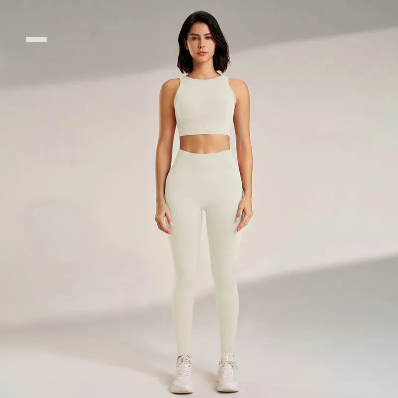 Sports Stripe Nylon Spandex Round Neck Tracksuit Vest Skinny Pants